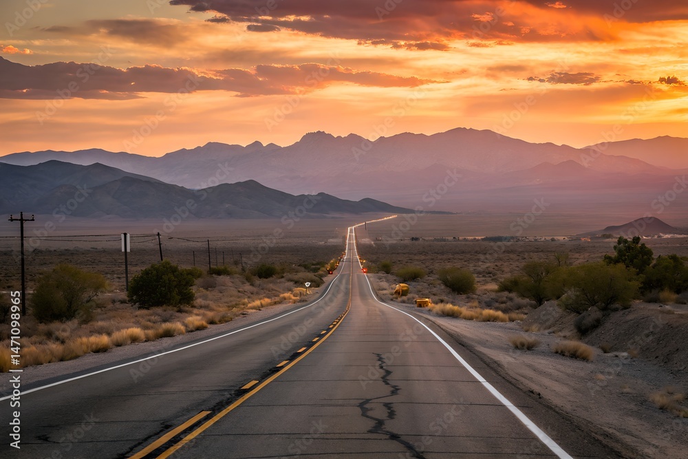 Fototapeta premium Sunset desert highway stretching toward a distant mountain range with vibrant orange sky. Scenic open road pavement, natural desert landscape, and dramatic clouds create a peaceful, endless journey.