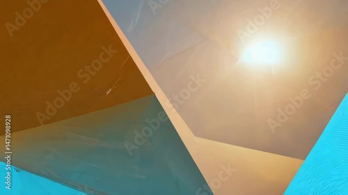Minimalist abstract composition with geometric planes in orange, beige and blue tones. The light source moves along the angular surfaces. With copy space.