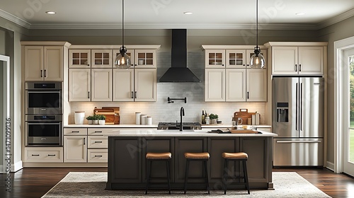 Transitional kitchen featuring elegant shaker cabinets and quartz countertops high resolution photo