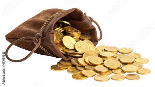 Gold coins spilling from leather sack isolated on a white background png