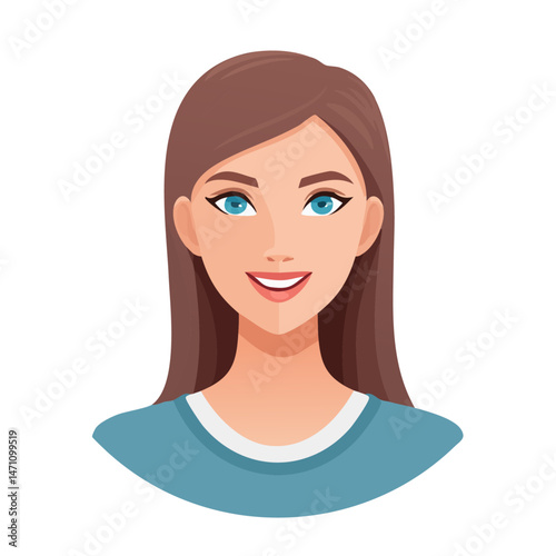 Flat Vector. Portrait of only one Woman. Simple Background.
