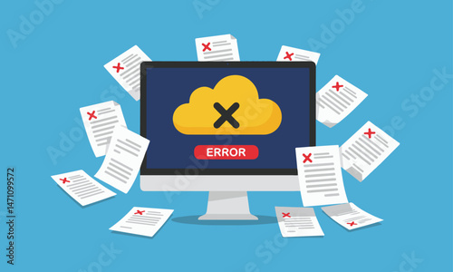 Digital Cloud Error Illustration. A cloud with an "X" is on a computer screen displaying "ERROR," surrounded by papers marked with "X" on a background.