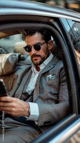 Focused on his work, a young businessman sits in the comfort of a luxury car. While looking out the window, he deftly texts on his smartphone, managing his business on the move.