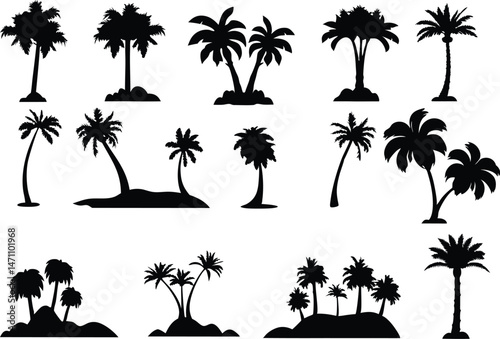 collection of various palm tree silhouettes in different shapes and arrangements, perfect for tropical, beach, and island-themed designs and illustrations	