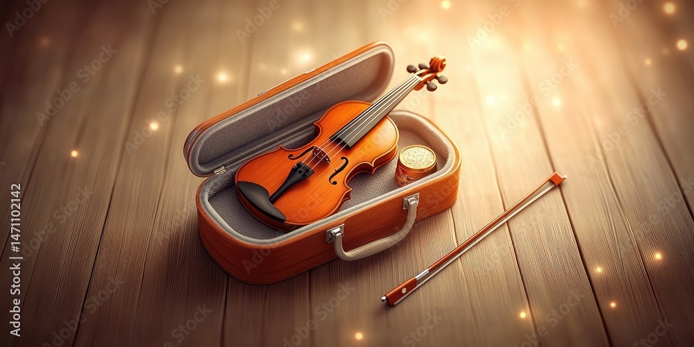 Naklejka premium A violin resting in its case on a wooden surface.
