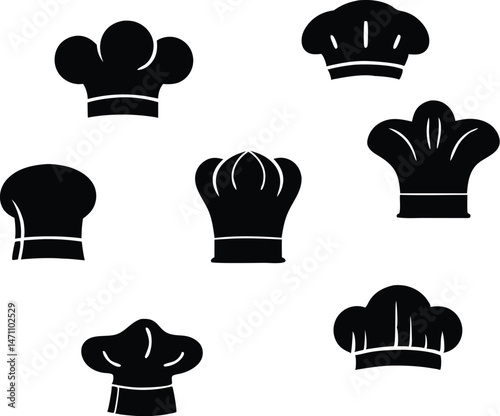 set of various chef hat silhouettes in black showcasing unique designs and shapes, ideal for culinary, restaurant and kitchen-related creative projects	