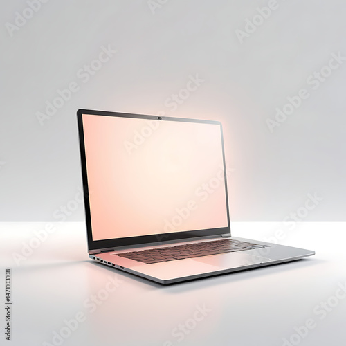 Minimalist 3D illustration of a modern laptop with glowing screen, placed on a clean white surface, soft shadows



