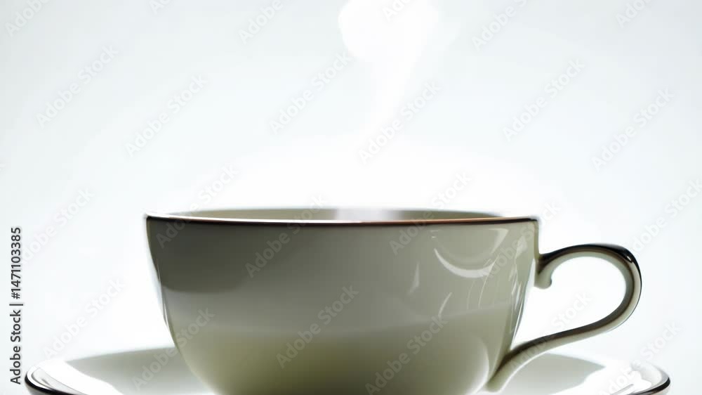 An elegant white porcelain tea cup with a black handle in the center of a matching saucer on a white background. A minimalist presentation of fine dinnerware with a clean aesthetic and copy space. An elegant white porcelain tea cup with a black handle in the center of a matching saucer on a white background. A minimalist presentation of fine dinnerware with a clean aesthetic and copy space.