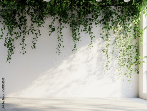 Bright interior with hanging plants and sunlight streaming in from window in modern minimalist style