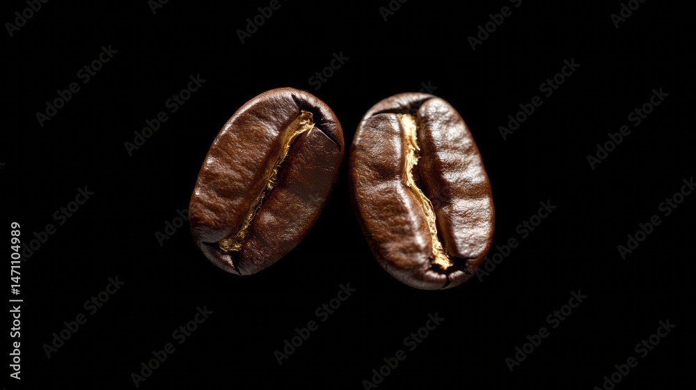 Close-up view of two roasted coffee beans against a black background. Close-up view of two roasted coffee beans against a black background.