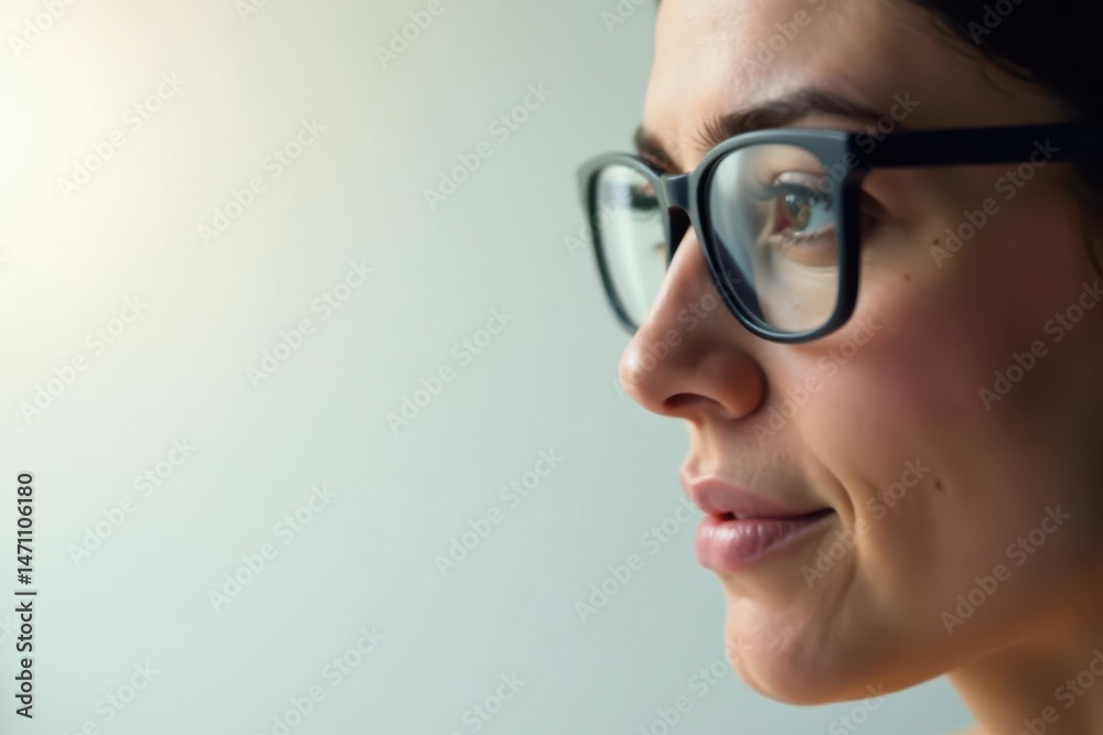 Fototapeta premium A young woman wearing glasses gazes thoughtfully into the distance, her expression serene and contemplative, suggesting deep thought and introspection.