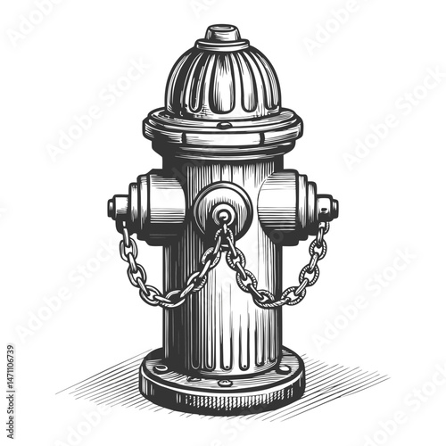 fire hydrant, featuring chains, bolts, and vertical ribbing in a stylized design