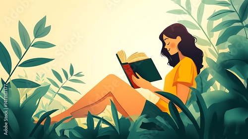 Woman enjoying book in garden surrounded by lush greenery