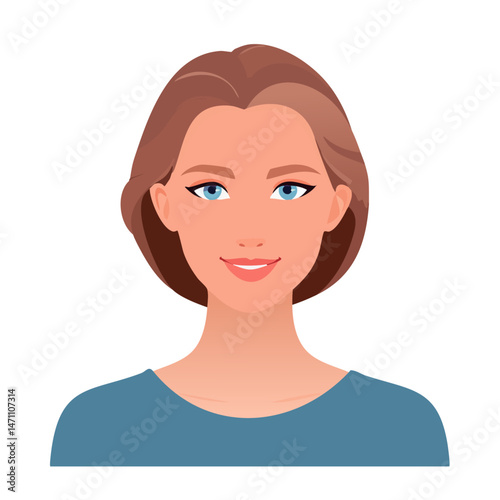 Flat Vector. Portrait of only one Woman. Simple Background.
