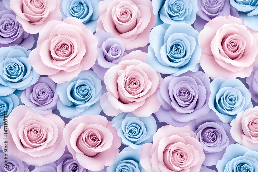 A close-up view of a background featuring pink, blue, and purple roses A close-up view of a background featuring pink, blue, and purple roses