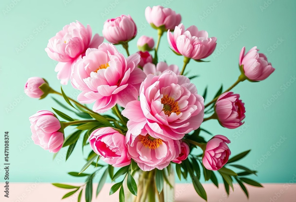 Pink peonies in vase, elegant floral table setting on mint background, vase, beautiful flowers Pink peonies in vase, elegant floral table setting on mint background, vase, beautiful flowers