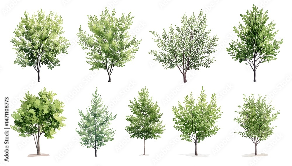 A digital illustration of eight different trees with green leaves, branches, and trunks on a white background A digital illustration of eight different trees with green leaves, branches, and trunks on a white background