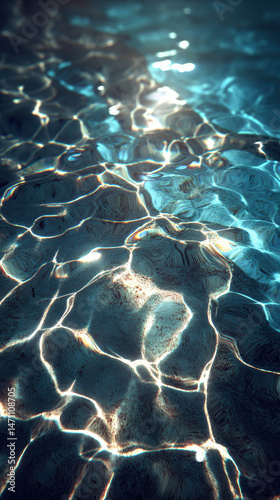 Abstract highlight of shallow tide pool with light reflection creating calming underwater pattern with blue and sandy tones