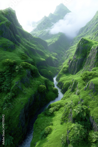 Lush green mountain valley with winding river and misty peaks creating peaceful and dreamlike atmosphere