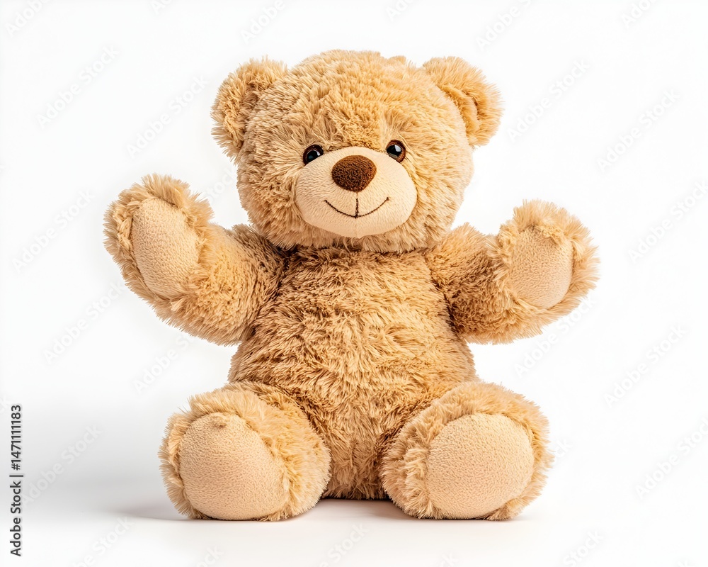 A plush brown teddy bear with a happy expression sits with its arms outstretched against a white background A plush brown teddy bear with a happy expression sits with its arms outstretched against a white background