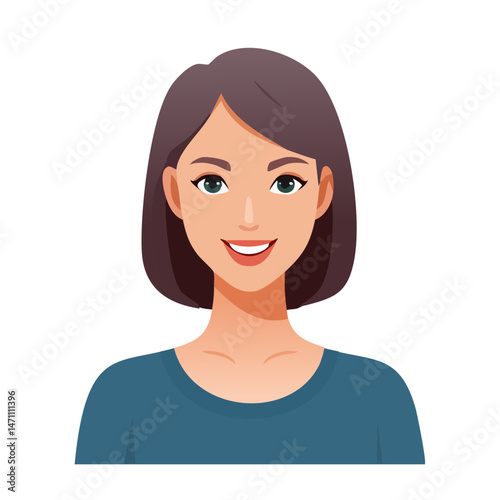 Flat Vector. Portrait of only one Woman. Simple Background.