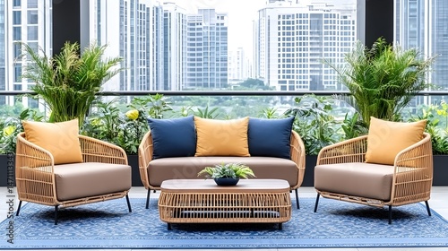 A wicker sofa set with two chairs and a coffee table sits on a blue rug in front of a large window with a city view