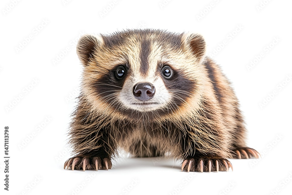 Fototapeta premium A young raccoon with black and brown fur, black eyes, and a pink nose stares directly at the camera with its paws outstretched in front of it