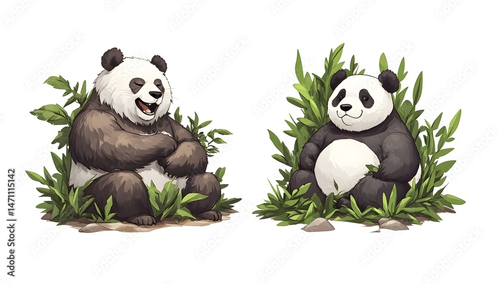 Obraz premium Two cartoon pandas sitting in bamboo, one laughing and the other smiling