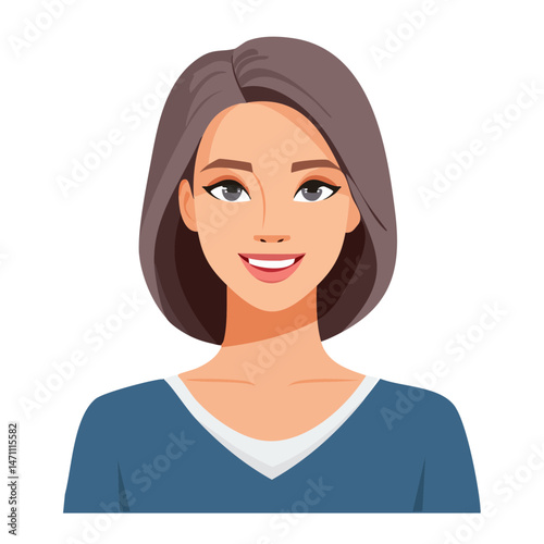 Flat Vector. Portrait of only one Woman. Simple Background.