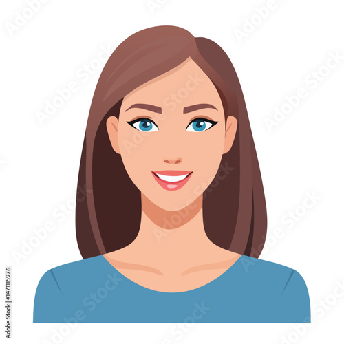 Flat Vector. Portrait of only one Woman. Simple Background.