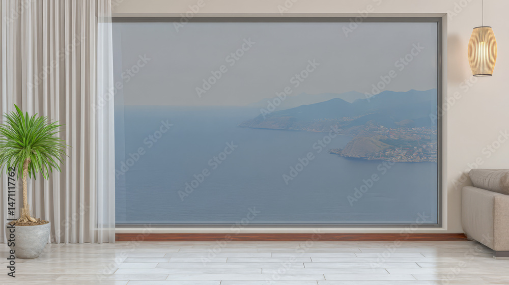Fototapeta premium Coastal view from modern living room with large window overlooking the sea and mountains