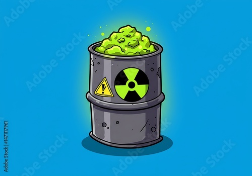 Cartoonish depiction of a toxic waste barrel on a vibrant background.