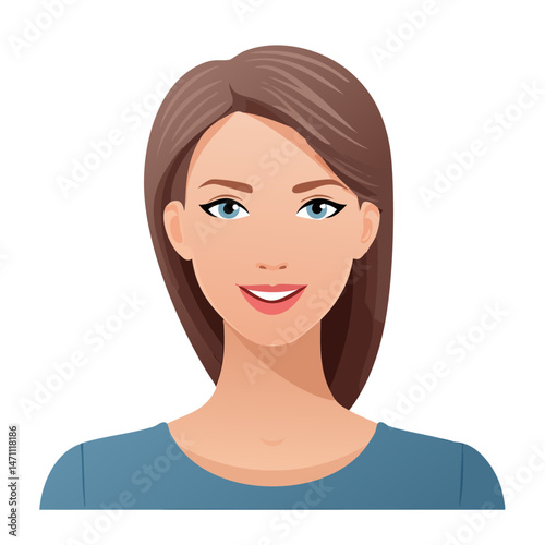 Flat Vector. Portrait of only one Woman. Simple Background.