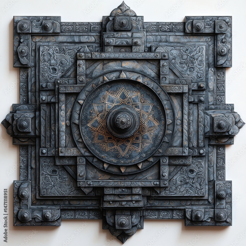 Fototapeta premium Ornate gray stone relief with intricate carvings and geometric patterns featu a central medallion on a flat white surface creating a symmetrical design.