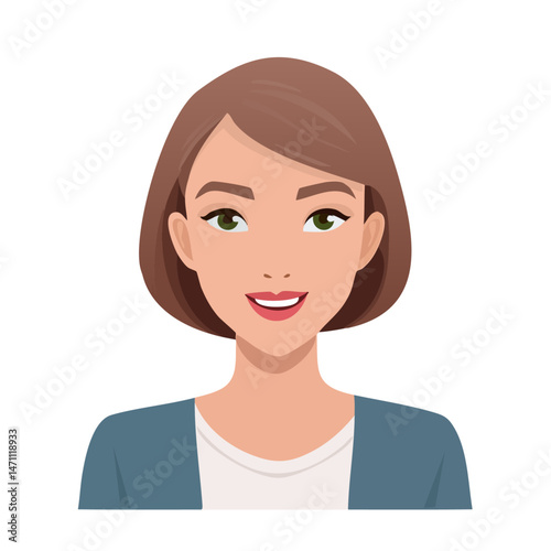 Flat Vector. Portrait of only one Woman. Simple Background.