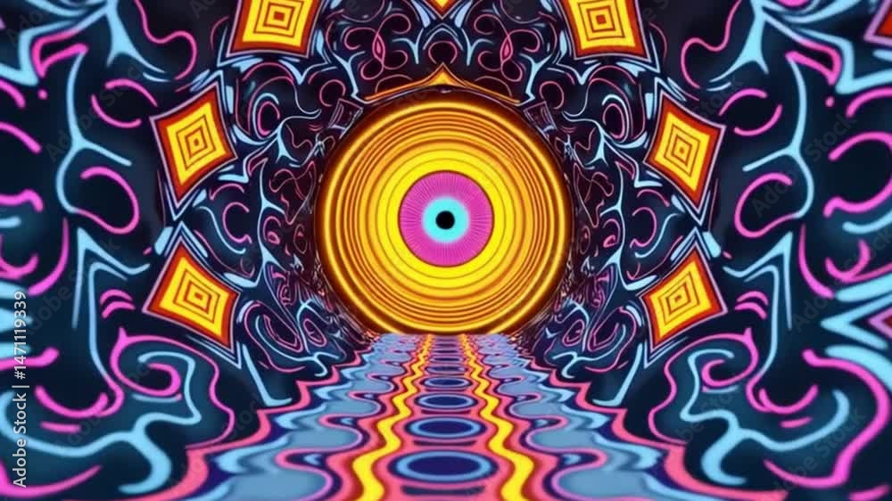 Short psychedelic tunnel animation with colorful hypnotic eye and geometric vortex. Ideal for music visuals, creative intros, stage backgrounds and abstract video art. No audio.