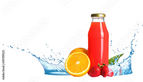 bottle of fresh fruit juice with splash effect on white background png