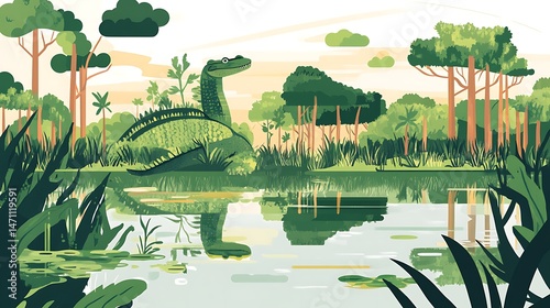 Prehistoric lake with dinosaur resting.