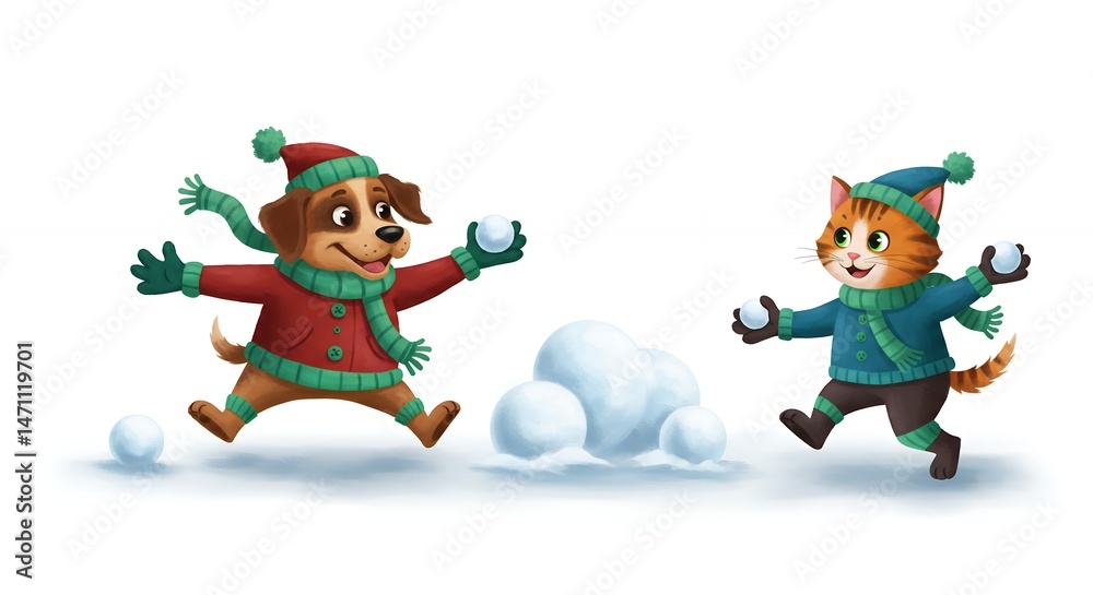 Fototapeta premium Dog and cat playing in the snow festive illustration