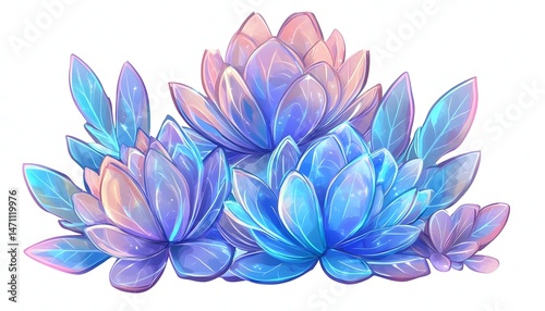 A cluster of iridescent blue and pink flowers with translucent petals and delicate leaves