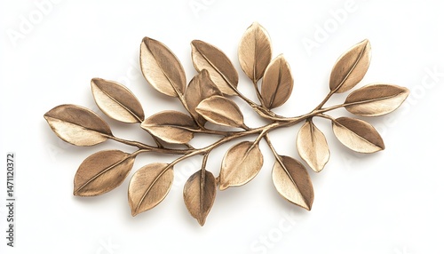 A delicate branch of golden leaves, arranged in a graceful curve against a stark white background