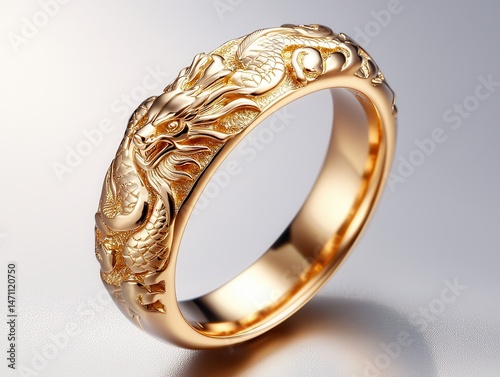 A detailed gold ring featuring an intricate dragon design, symbolizing power and elegance, displayed on a smooth, light background.