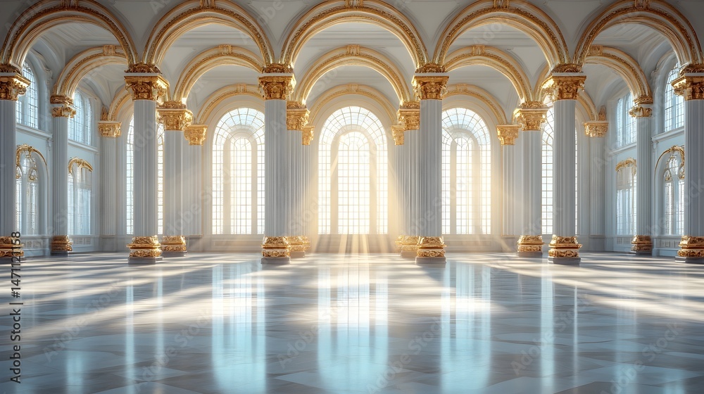 A grand hall with white columns and golden accents, sunlight streams through arched windows, illuminating the polished floor