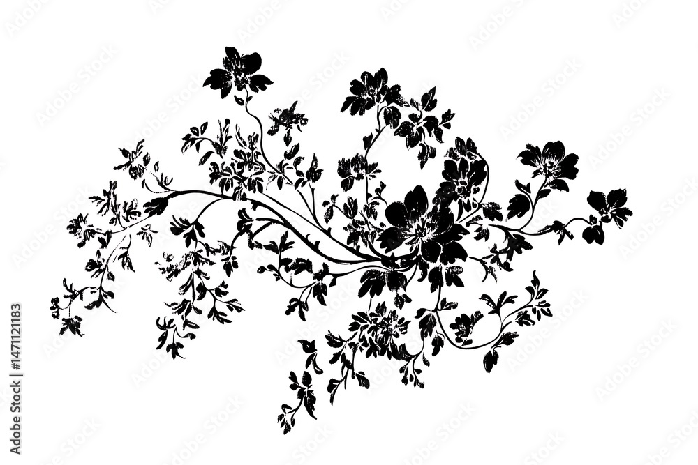Naklejka premium Elegant Floral Arrangement Black Ink Drawing of Blossoms and Vines on White Backdrop
