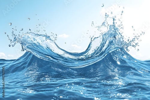 A large wave of water splashes upward against a light blue sky