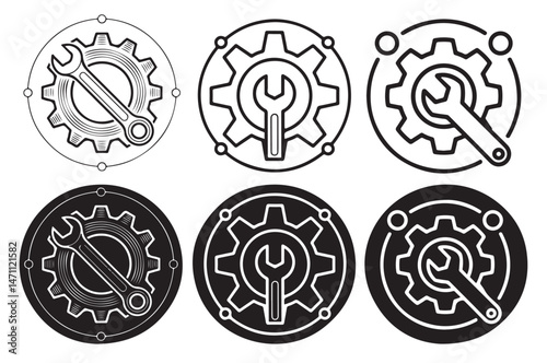 Gear & Wrench Vector Icon Set - Settings, Tools, Maintenance
