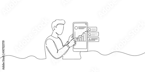 Continuous one line drawing of a designer working on a website layout, symbolizing user experience (UX) design, line art style vector illustration.