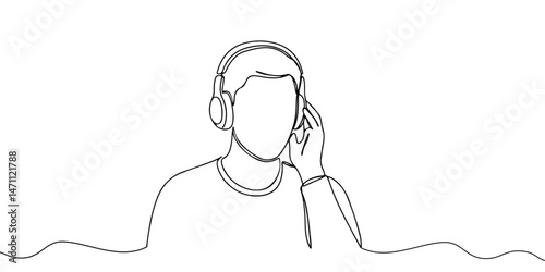 Continuous one line drawing of a person listening to music with headphones, representing the effect of music on emotions, line art style vector illustration.