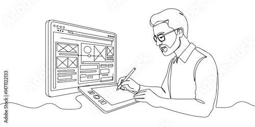 Continuous one line drawing of a designer working on a website layout, symbolizing user experience (UX) design, line art style vector illustration.