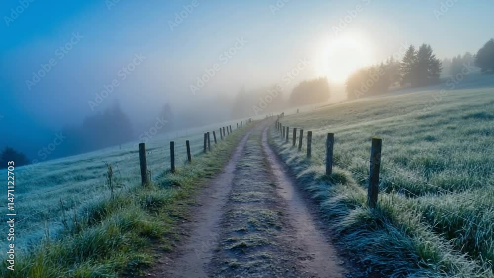 Misty morning path through countryside